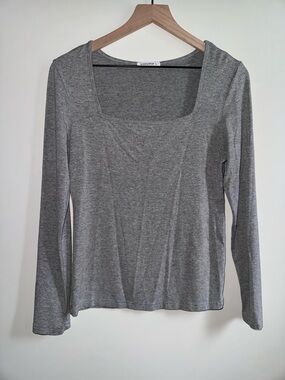 MANGOPOP Square Neck Long Sleeve Top Grey Cotton/Elastane Women’s Size Large